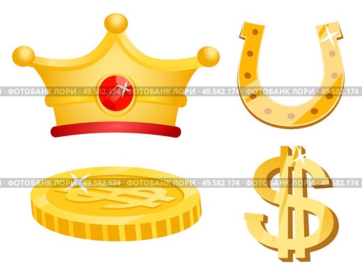 Royal crown decorated with gemstone vector, isolated icons of wealthy items. Golden horseshoe and coin with sparkling gleam, dollar symbol money set. Golden Dollar Coin, Horseshoe and Royal Crown. Стоковая иллюстрация, агентство Ingram Publishing / Фотобанк Лори