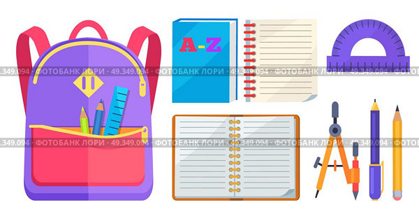 Rucksack Fashionable Model and School Accessory. Backpack for child with school stationery accessories pencils and ruler in back pocket, open exercise book, protractor and compass divider isolated on white background. Стоковая иллюстрация, агентство Ingram Publishing / Фотобанк Лори