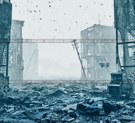 ruins of a city  in a fog. 3d illustration concept. Стоковое фото, агентство Ingram Publishing / Фотобанк Лори