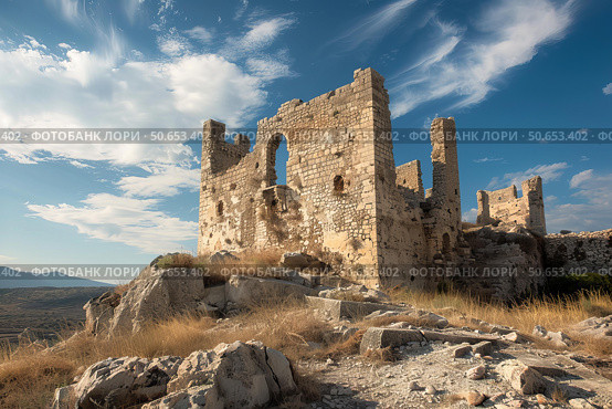 Ruins of ancient castle dominating the valley landscape. Стоковое AI-изображение, AI-художник Иван Рябоконь / Фотобанк Лори