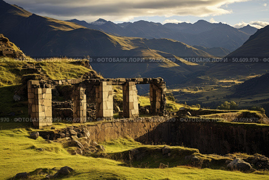 Ruins of ancient inca civilization standing in the peruvian andes mountains. Стоковое AI-изображение, AI-художник Иван Рябоконь / Фотобанк Лори