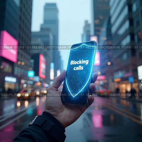 Рука  человека держит смартфон с надписью БЛОКИРОВКА ЗВОНКОВ. Стоковое AI-изображение, AI-художник Инна Пецко / Фотобанк Лори