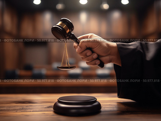 Рука судьи с молоточком в зале суда. Стоковое AI-изображение, AI-художник Марина Семенова / Фотобанк Лори