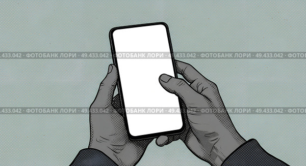 Руки держат смартфон с пустым экраном. Метафора апатии, дум скроллинга и цифровой перегрузки. Графика в стиле ризографа с растровой текстурой и цифровым шумом. Редакционное AI-изображение, AI-художник Ирина Першина / Фотобанк Лори