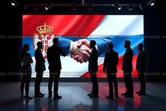 Рукопожатие на фоне флагов Сербии и России / Handshake on the background of the flags of Serbia and Russia. Стоковое AI-изображение, AI-художник Валерий Лукин / Фотобанк Лори