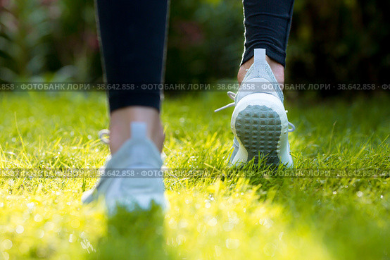 Runner legs running on a green lawn closeup on shoes. Fitness woman sunrise jogging workout welness concept. Стоковое фото, фотограф Photojuli / Фотобанк Лори