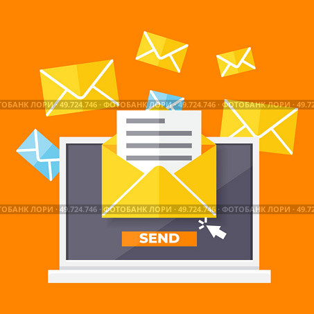 Running email campaign, e-mail advertising, direct digital marketing. Flat design concept with letter in envelope on computer screen. Internet advertisement, online promotion. Sign up to mailing list. Running email campaign, email advertising, direct digital marketing. Flat design concept with letter. Стоковая иллюстрация, агентство Ingram Publishing / Фотобанк Лори
