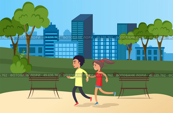 Running man and woman outdoor. Couple jogging in morning park. Young guy and girl doing sports in nature. Healthy lifestyle, sports and physical activity during day. Athletes on background of city. Athletes on background of city. Couple jogging in morning park. Guy and girl doing sports, running. Стоковая иллюстрация, агентство Ingram Publishing / Фотобанк Лори