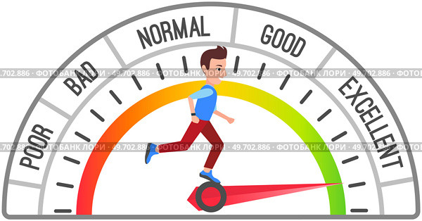 Running person and scale from poor speed to excellent, sport and workout concept. Time measurement of marathon. Progress and success towards goal. Result of efforts of person in training, achievements. Running person and scale from poor speed to excellent, sport and workout concept. Time measurement. Стоковая иллюстрация, агентство Ingram Publishing / Фотобанк Лори