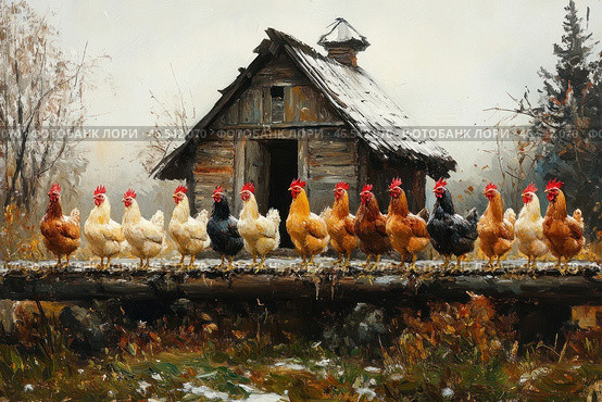 Rural scene: a group of chickens sit on a wooden fence in front of an old wooden chicken coop with a sloping roof covered with light snow. Chickens of different colors - white, black, red - are arranged in a row, as if waiting for something. The atmosphere is autumn-winter: there are remnants of snow around, the grass and leaves have yellow-brown shades, and the sky is covered with a light fog. The painting is done in a picturesque oil style with expressive brushstrokes emphasizing the textures of wood, feathers and snow. Стоковое AI-изображение, AI-художник Анна Кривицкая / Фотобанк Лори
