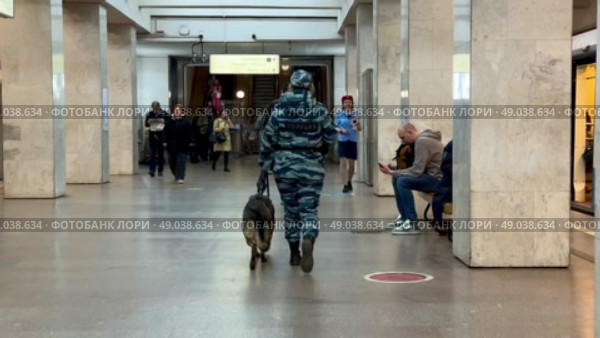 Russia, Moscow May 19, 2025. A female police officer with a German Shepherd on a leash walks at one of the Moscow metro stations.Video 4k. Редакционное видео, видеограф Соболева Наталия / Фотобанк Лори