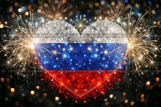 Russia. Moscow. The national flag of the Russian Federation on the background of fireworks. The Russian tricolor. Russia Day is celebrated on June 12. Стоковое AI-изображение, AI-художник Photojuli / Фотобанк Лори