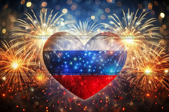Russia. Moscow. The national flag of the Russian Federation on the background of fireworks. The Russian tricolor. Russia Day is celebrated on June 12. Стоковое AI-изображение, AI-художник Photojuli / Фотобанк Лори