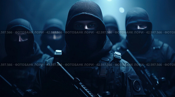 russian spies from group of men with guns in dark gloomy area. Стоковое AI-изображение, AI-художник Юлия Гапеенко / Фотобанк Лори