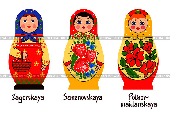 Russian traditional matryoshka set of three isolated images with different stacked dolls with different colouring artworks vector illustration. Russian Matryoshka Styles Collection. Стоковая иллюстрация, агентство Ingram Publishing / Фотобанк Лори