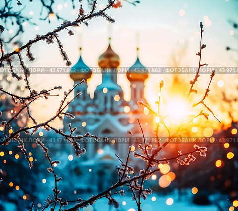 Русская православная церковь с куполами и крестами, на фоне природы с боке. Стоковое AI-изображение, AI-художник Павлов Максим / Фотобанк Лори