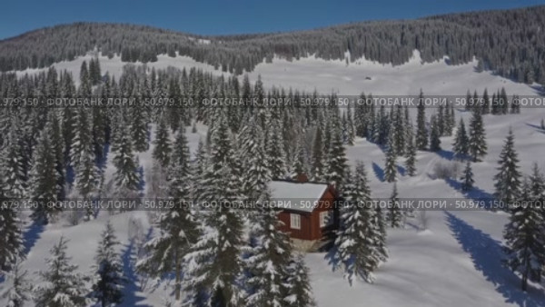 Rustic red wooden chalet surrounded by snow blanketed pines and towering mountain peaks, capturing peaceful winter alpine landscape's tranquil essence. Стоковое AI-видео, аниматор Данил Руденко / Фотобанк Лори