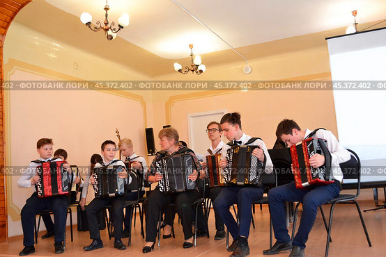 Rzhev, Tver region, Russia, May 26, 2023. Talented Bayan Students Showcase Their Skills in Ensemble Performance. Редакционное фото, фотограф Алексей Сорокин / Фотобанк Лори