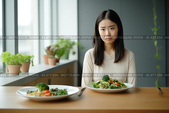 Sad asian woman choosing between tasty and healthy food at home. Стоковое AI-изображение, AI-художник Иван Рябоконь / Фотобанк Лори