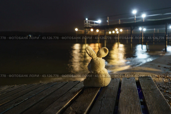 Sad beige bunny toy sits on the wooden bridge on the beach near the lake. He looks at the empty pier. He hung his ears sadly. Summer is gone. It's upset him. Back view. Стоковое фото, фотограф YuryKara / Фотобанк Лори