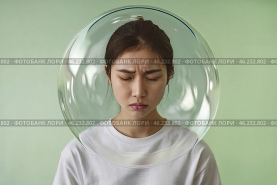 Sad, dejected young woman under a protective sphere. Стоковое AI-изображение, AI-художник Дмитрий Киселёв / Фотобанк Лори