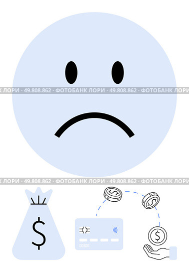 Sad face emoticon overshadowed by money bag, credit card, and coins to hand. Ideal for finance, bankruptcy, debt, savings management, budget planning financial crisis economic downturn. Line. Financial Disappointment Illustrated Through Sad Face and Monetary Icons in Minimalistic Style. Стоковая иллюстрация, агентство Ingram Publishing / Фотобанк Лори