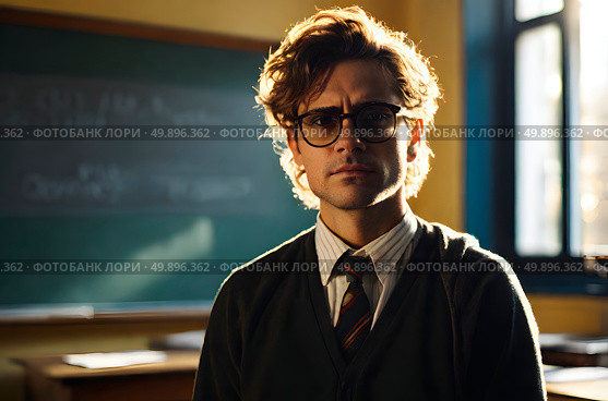 Sad teacher in front of blackboard at school. Стоковое AI-изображение, AI-художник Ирина Старикова / Фотобанк Лори