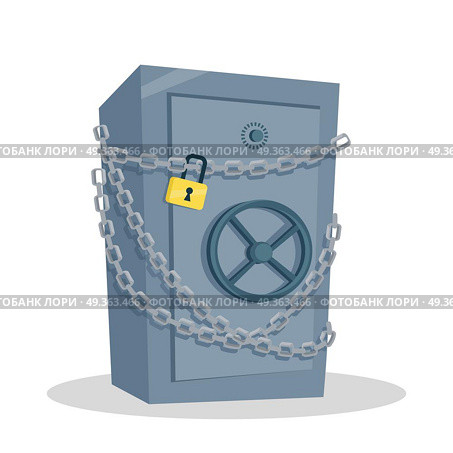 Safe Vector Illustration in Flat Style Design.. Security cash savings concept. Flat design. Protect your money idea visualization. Icon for banking, security services, safe shops. Big steel safe coiled chains illustration. On white background. Стоковая иллюстрация, агентство Ingram Publishing / Фотобанк Лори