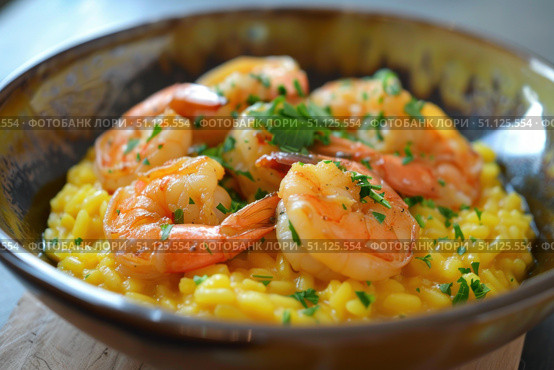 Saffron risotto with grilled shrimps and parsley in a bowl. Стоковое AI-изображение, AI-художник Иван Рябоконь / Фотобанк Лори