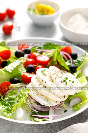 Salad with mozarella cheese, cherry tomato, olives and romain lettuce. Стоковое фото, агентство Ingram Publishing / Фотобанк Лори