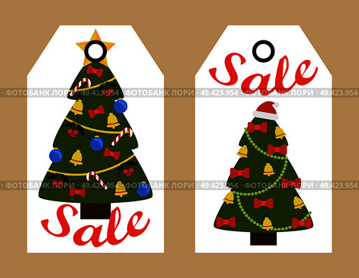 Sale decorative tags with New Year decorated Christmas trees topped by star or Santas hat, hang badge stickers, shopping promotional labels discounts. Sale Decorative Tags with New Year Decorated Trees. Стоковая иллюстрация, агентство Ingram Publishing / Фотобанк Лори