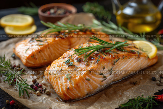 Salmon fillets with herbs, lemon juice, salt, pepper, rosemary, and olive oil on a grilling sheet, against a dark background. Two grilled salmon fillets on parchment paper. Golden-brown texture fish. Стоковое AI-изображение, AI-художник Марина Демидюк / Фотобанк Лори