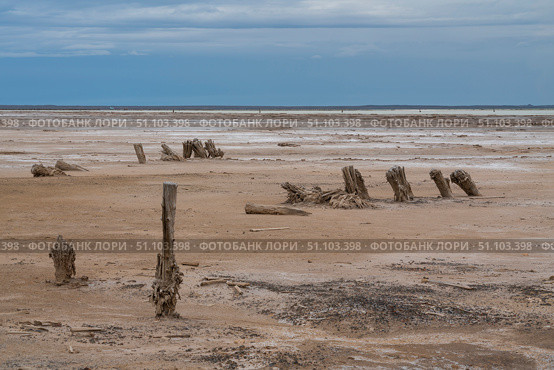 Sandy shores of the drying salt lake Baskunchak on a summer day, Nizhny Baskunchak, Akhtubinsky district, Astrakhan region, Russia. Стоковое фото, фотограф Ula Ulachka / Фотобанк Лори