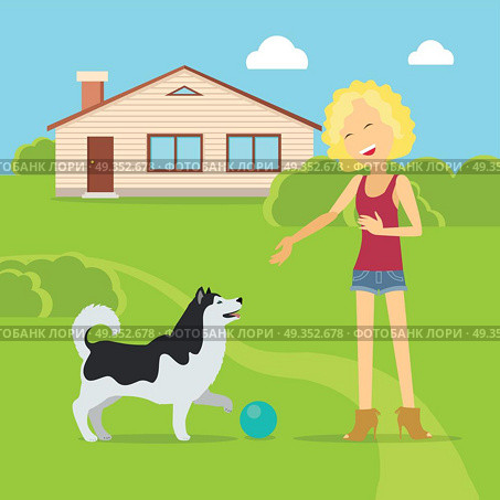 Sanguine Temperament Type Girl with Dog.. Sanguine temperament type girl playing on the yard with her adorable dog. Happy and cheerful woman having fun with pet. Optimistic and social person near native home. Vector illustration in flat style. Стоковая иллюстрация, агентство Ingram Publishing / Фотобанк Лори
