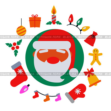 Santa Claus and icons of candle with present, mistletoe and ball, sock and garland, bell and mitten, bag around him isolated on vector illustration. Santa Claus and Icons Vector Illustration. Стоковая иллюстрация, агентство Ingram Publishing / Фотобанк Лори
