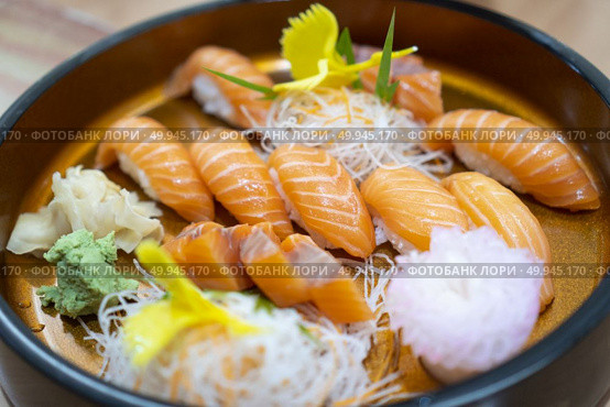 Sashimi salmon set, raw fish, japanese food.(Selective focus) Стоковое фото, агентство Ingram Publishing / Фотобанк Лори