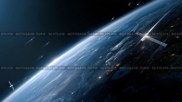 Satellites orbiting Earth above the atmosphere, showcasing technology and the vastness of space. Стоковое AI-изображение, AI-художник Сергей Толмачёв / Фотобанк Лори