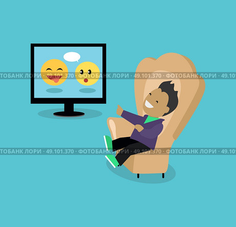 Satirical caricature edition design flat. Young man sitting in a comfortable chair and laughs looking humorous edition edition. Internet site satircal on a smartphone, laptop. Vector illustration. Стоковая иллюстрация, агентство Ingram Publishing / Фотобанк Лори