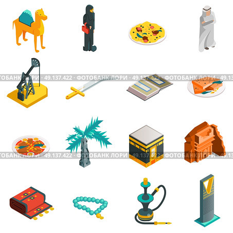 Saudi Arabia Isometric Touristic Icons Set. Saudi Arabia isometric touristic icons set with main arabian sights and elements in flat style vector illustration. Стоковая иллюстрация, агентство Ingram Publishing / Фотобанк Лори