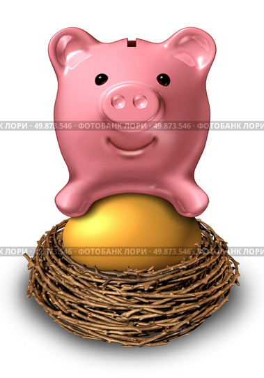 Savings nest egg with a pink ceramic piggy bank sitting on a gold investment fund symbol as a financial concept of managing wealth for a safe and secure retirement pension plan. Стоковое фото, агентство Ingram Publishing / Фотобанк Лори