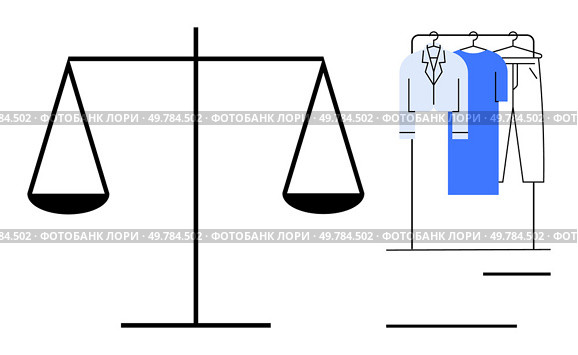 Scale balancing beside clothing rack with shirts and pants. Ideal for lifestyle, work-life balance, productivity, decision-making, equality, personal growth, minimalist themes. Line metaphor. Balancing Lifes Choices Scale with Clothes Hanger Illustrating Work-Life Balance Concept. Стоковая иллюстрация, агентство Ingram Publishing / Фотобанк Лори