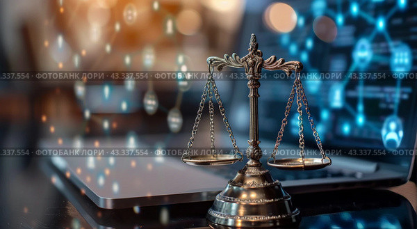 Scales of Justice on Laptop With World Map Display. Стоковое AI-изображение, AI-художник Юлия Гапеенко / Фотобанк Лори