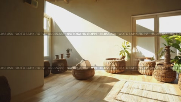 Scandinavian style apartment interior with sea view. Living room design with natural wood decor elements in boho style. Video 4k. Стоковое видео, видеограф ALLA YURTAYEVA / Фотобанк Лори