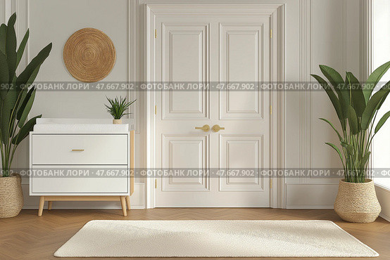 Scandinavian style newborn baby room featuring clean design chaos. Комната для новорожденного в скандинавском стиле с чистым дизайнерским хаосом. Стоковое AI-изображение, AI-художник Katsiaryna Repich / Фотобанк Лори