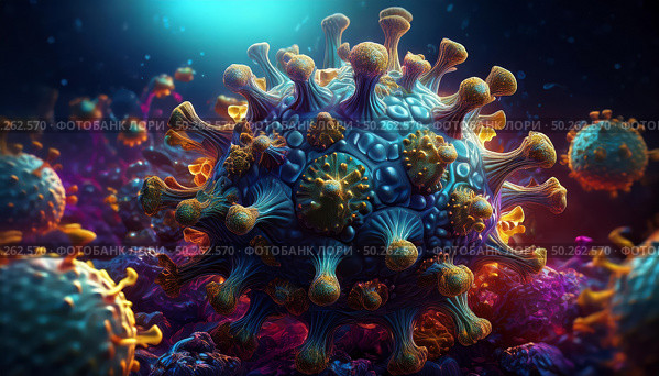 Scanning of sars-cov-2 virus particle reveals intricate structure during pandemic. Detailed visualization aids medical research, comprehension. Magnified pathogen on interacting cell surface. Стоковое AI-изображение, AI-художник Андрей Ка / Фотобанк Лори