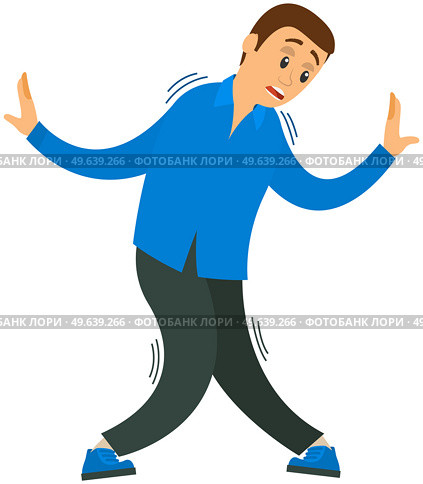 Scared man spreads space around himself. Emotions and body language concept. Male character is terrified or shocked due to seeing something frightening. Man in strange pose is trembling due to fright. Scared male character spreads space around himself. Man in strange pose is trembling due to fright. Стоковая иллюстрация, агентство Ingram Publishing / Фотобанк Лори