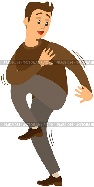 Scared young man is about to run. Emotions and body language concept. Person is terrified or shocked due to seeing something frightening. Male character avoids danger. Guy is trembling because of fear. Person is terrified or shocked due to seeing something frightening. Guy is trembling because of fear. Стоковая иллюстрация, агентство Ingram Publishing / Фотобанк Лори