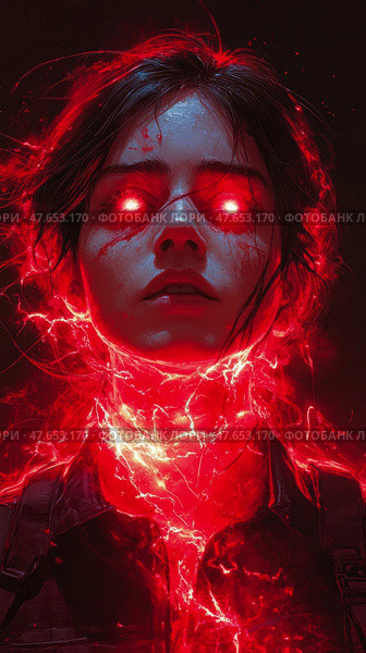 Scarlet Gaze: A portrait of a powerful woman with glowing eyes and a red aura of energy emanating around her, revealing inner strength and determination. Стоковое AI-изображение, AI-художник Данила Большаков / Фотобанк Лори