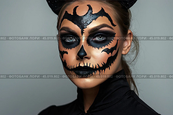 Scary Halloween makeup on a woman's face in the form of a skull, a corpse. Halloween Party. AI generated. Стоковое AI-изображение, AI-художник Ольга Симонова / Фотобанк Лори