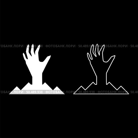 Scary human hand from ground silhouette dead man’s Halloween decorative element zombie concept spooky clawed paw sharp nails bony arm fingers man undead set icon white color vector illustration image simple solid fill outline contour line thin flat style. Scary human hand from ground silhouette dead man’s Halloween decorative element zombie concept spooky clawed paw sharp nails bony arm fingers man undead set icon white color vector illustration image solid fill outline contour line thin flat style. Стоковая иллюстрация, агентство Ingram Publishing / Фотобанк Лори